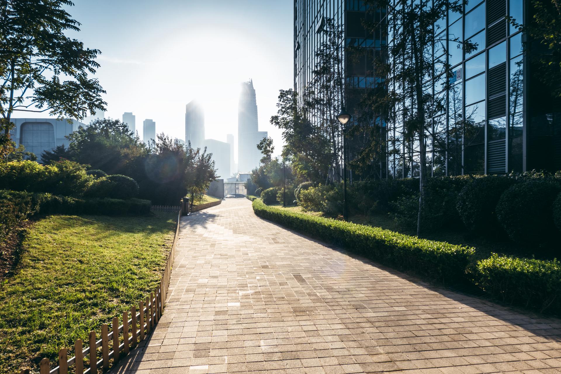 Stone walkway with city in background