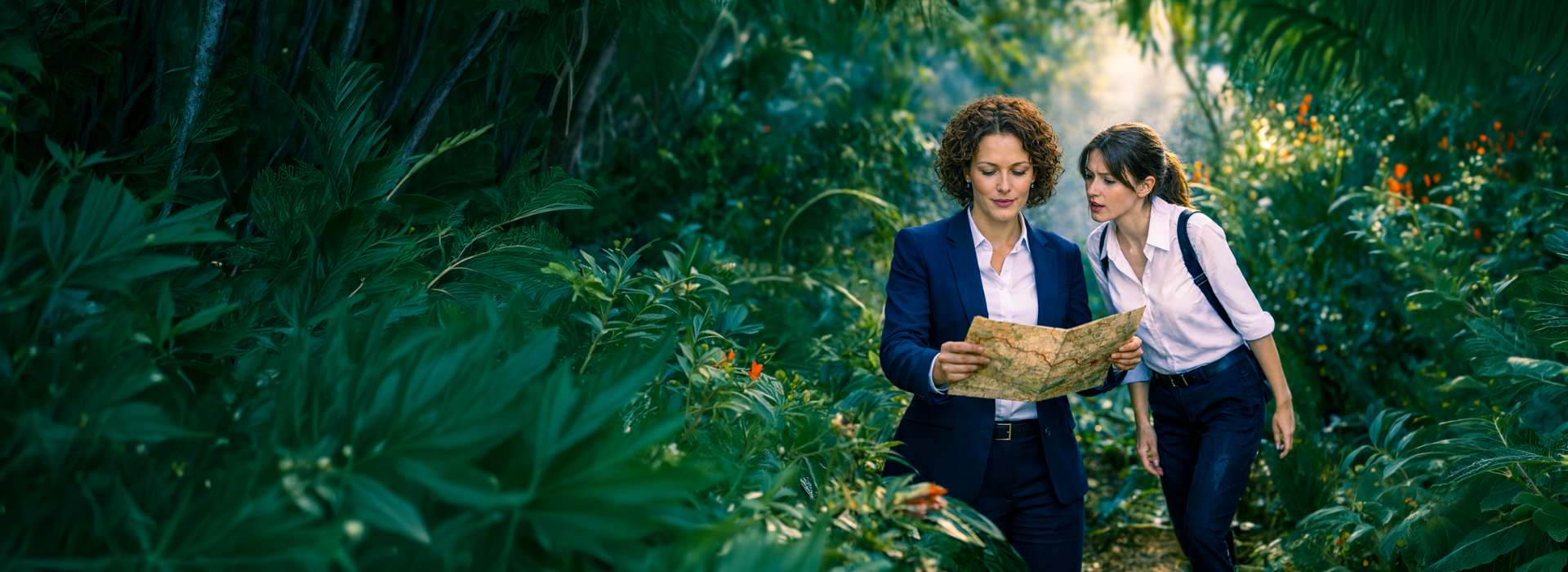 Two women look at a map in the jungle, amidst the plants.