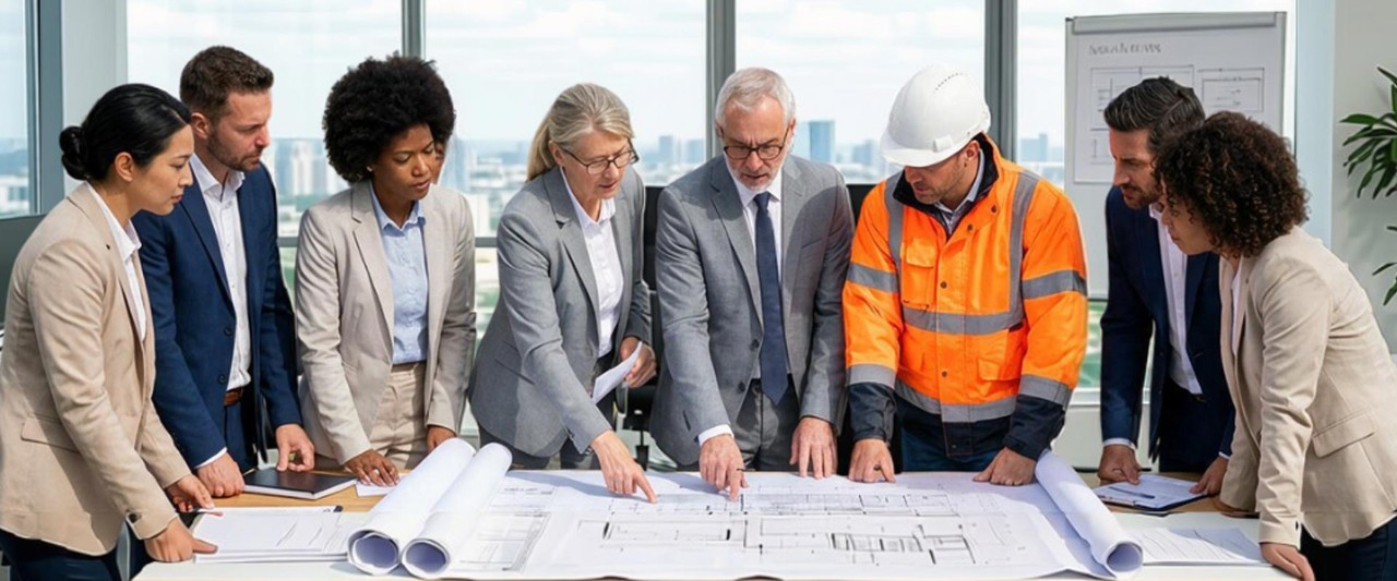 People in the office looking into a building plans