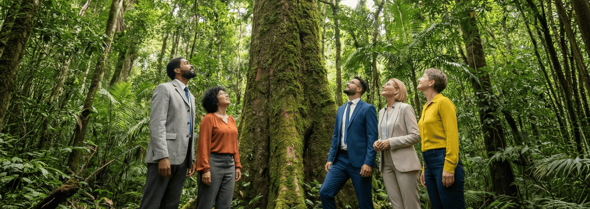 four-people-in-a-forest-looking-at-a-tree