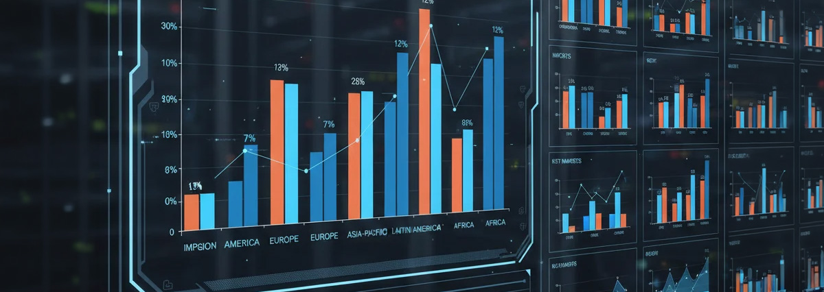 Futuristic digital dashboard displaying global trade growth statistics by region (Americas, Europe, Asia-Pacific), symbolizing the 2026 supply chain resilience data analysis. 