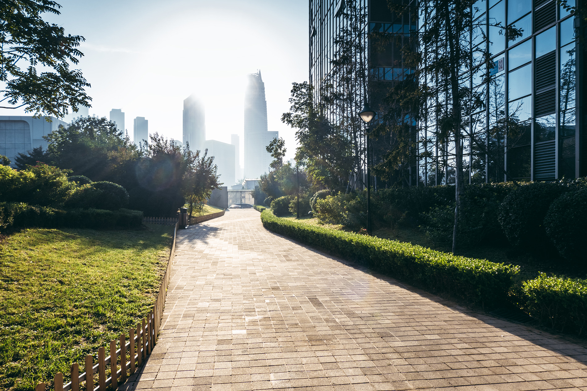 stone pathway with city in background