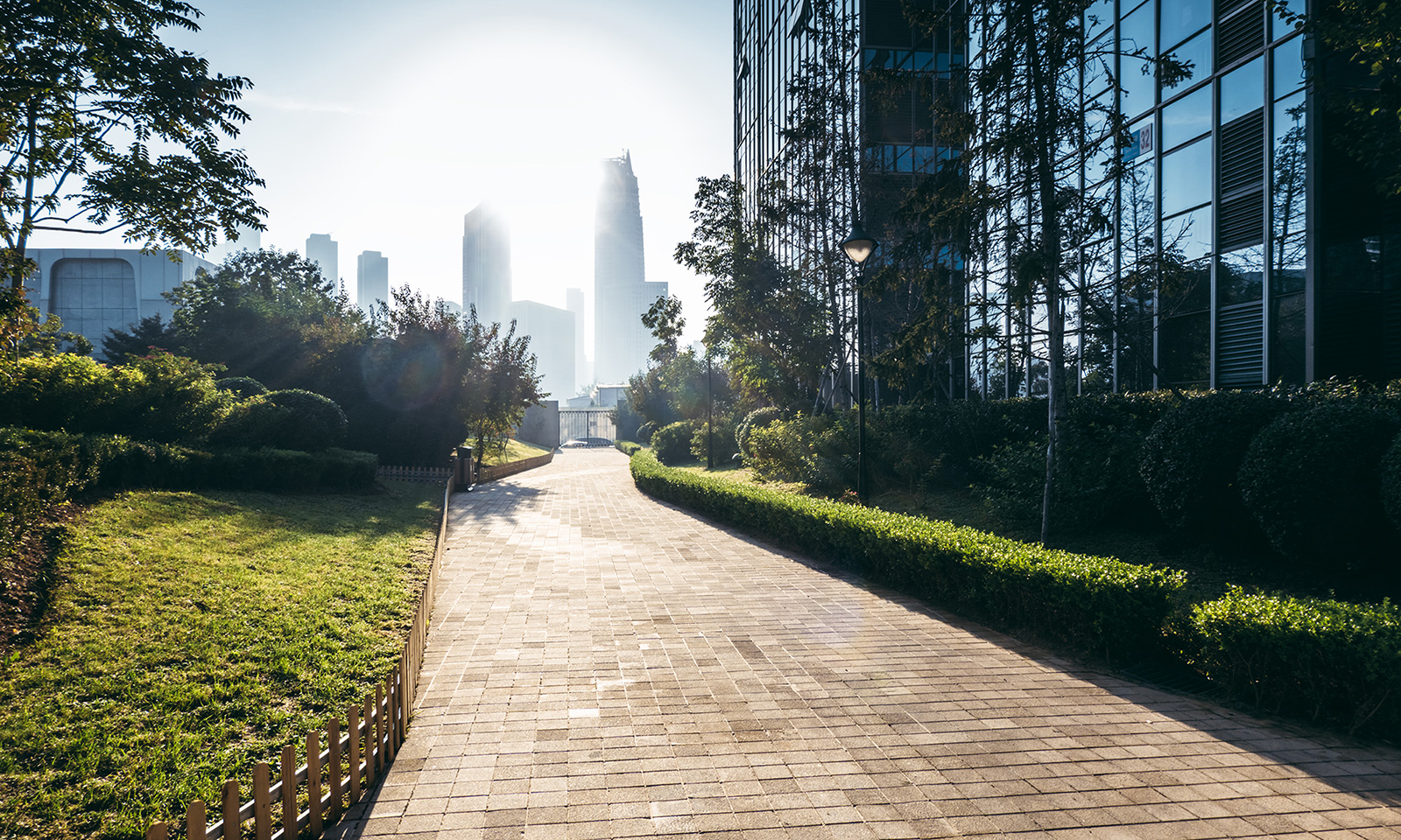 stone walkway with city in background