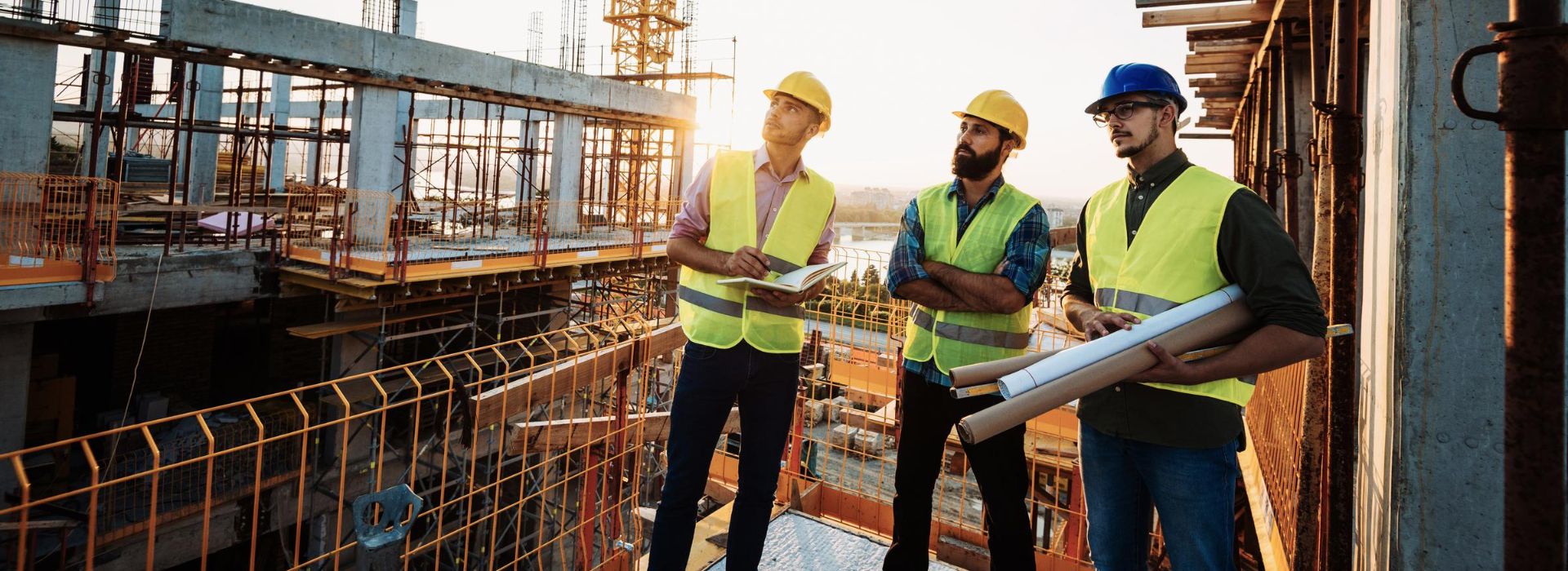 Tre operai osservano l'avanzamento lavori in un cantiere edile