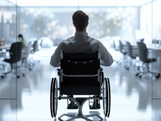 Uomo di spalle su sedia a rotelle in un ufficio luminoso