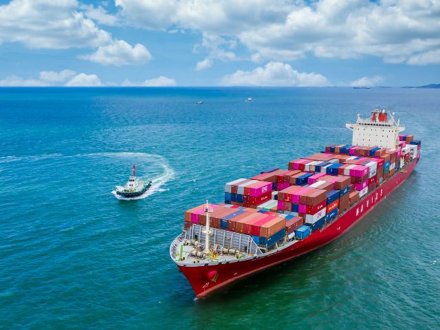 Una nave portacontainer seguita da una nave pilota