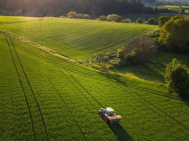 Un trattore ara un campo verde
