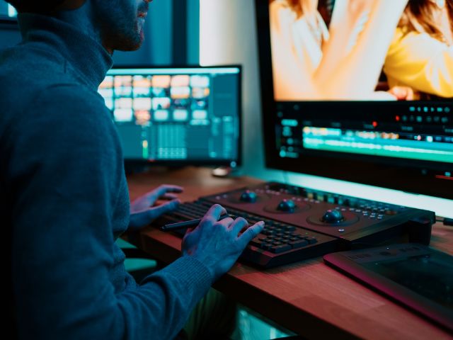 Un videomaker lavora al computer usando due schermi