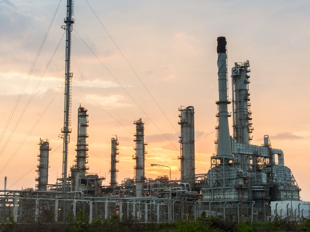 Impianto petrolifero al tramonto