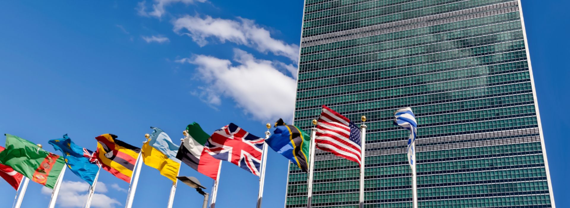 Edificio moderno con davanti bandiere degli stati