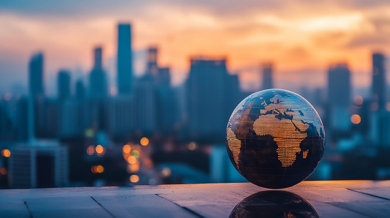 Un globe terrestre devant une ville